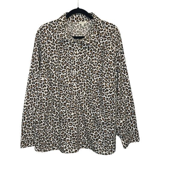 TALBOTS Woman Size 3X Popover Leopard Print Shirt Cotton Stretch Long Sleeves - Picture 2 of 5